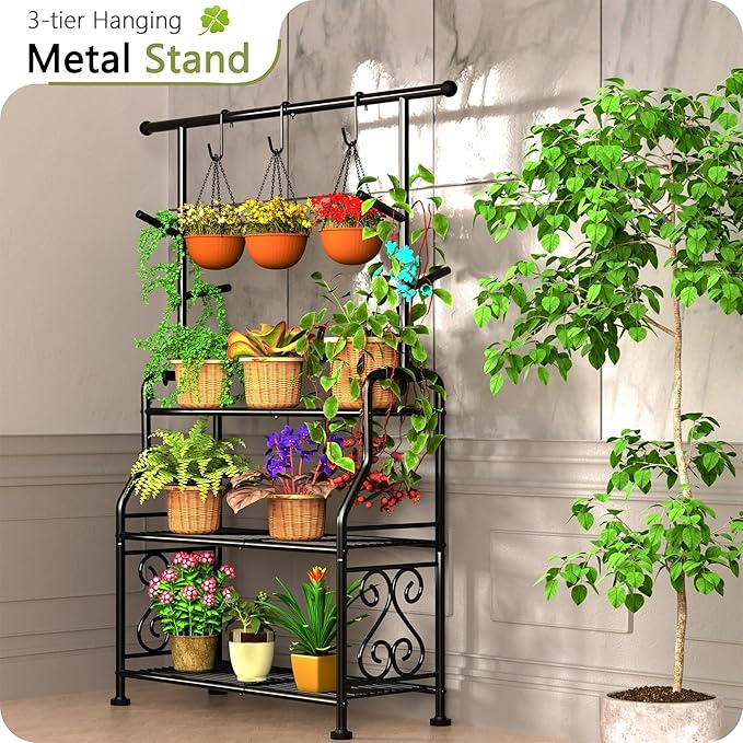 GIOTORENT Plant Stand Indoor Outdoor, 3-Tier Heavy Duty Metal Shelves, Display up to 14 Multiple Plants, Tall Plant Holder with Plant Hanger, Suit for Patio Living Room Garden Balcony, 5 Hooks, Black