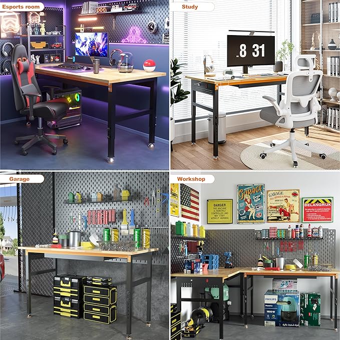 60" Adjustable Height Workbench, 2000 LBS Heavy Duty Work Table with Power Outlets & Pegboard, Rubber Wood Workstation for Garage, Workshop, Office, Home, Commercial