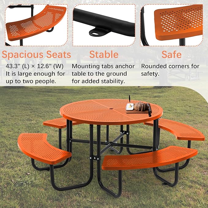 46'' Steel Round Picnic Table for Outdoors, Expanded, Lifetime Picnic Table with Umbrella Hole, Heavy Duty Sturdy Commercial Picnic Tables for Garden Courtyard BBQ, Orange