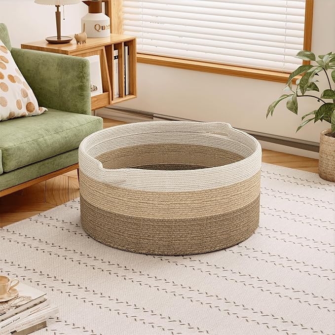 125L Extra Large Blanket Basket, 25" x 16", Jumbo Laundry Woven Basket Decorative Home, Cotton Rope Basket with Handles, Baby Toy Basket for Storage, Gradual Brown