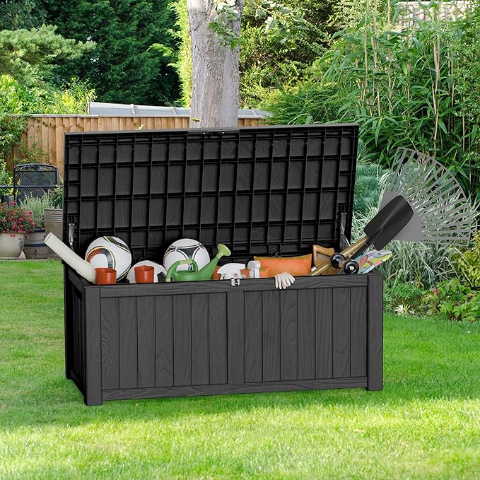 150 Gallon Outdoor Storage Box Patio Deck Box Waterproof, Resin Lockable Outside Large Storage Bin for Pool Cushion Furniture, Garden Tools UV-Resistant, Black