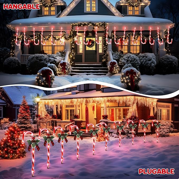 Hiboom Christmas Candy Cane Lights, 10 Pcs 21 Inch Pathway Markers Lights with Stakes, Christmas Driveway Lights End to End Connected for Xmas Holiday Party Walkway Patio Garden Decor (Red and White)
