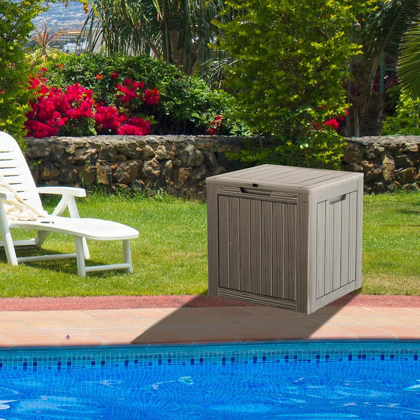 35 Gallon Waterproof Large Resin Deck Box Indoor/Outdoor Lockable Storage Container and Seating for Garden, Pool, and Patio (35 Gallon, Grey)