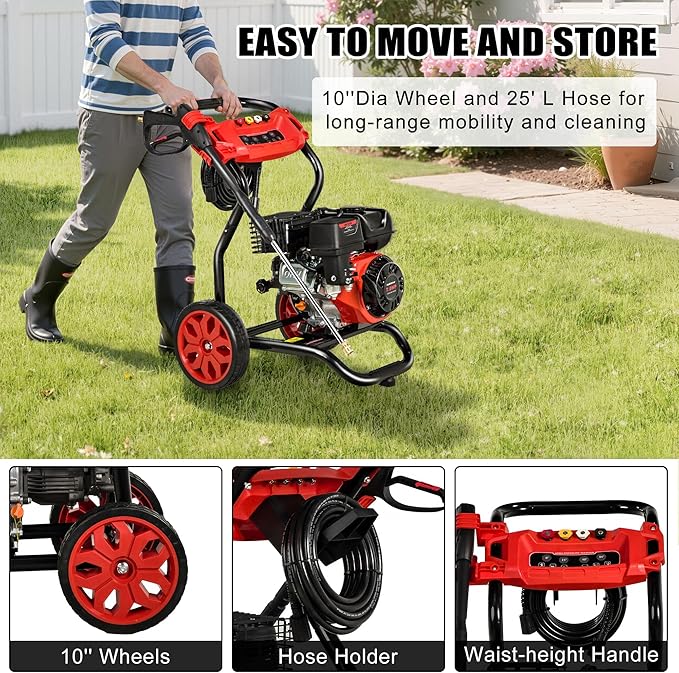 Gas Pressure Washer, 3950 PSI and 2.6 GPM, 7HP Engine with Copper Pump, 25FT Hose and Foam Cannon, 4 Nozzles, for Cars, Driveways, Fences