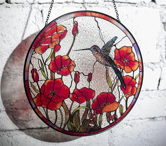 7.8'' Hummingbird Suncatcher Stained Glass Suncatchers - Originally Designed Hummingbird Red Poppies Ornament for Sun Catcher Indoor Window | Gifts for Hummingbird Lovers Painted Glass Panel Decor