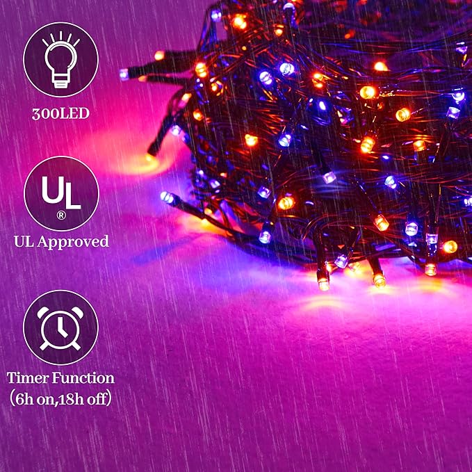 Halloween 300 LED String Lights,105FT String Lights with 8 Modes&Timer Function, Purple and Orange Halloween Lights Plug in for Party Carnival Supplies, Outdoor/Indoor Yard Garden Decor