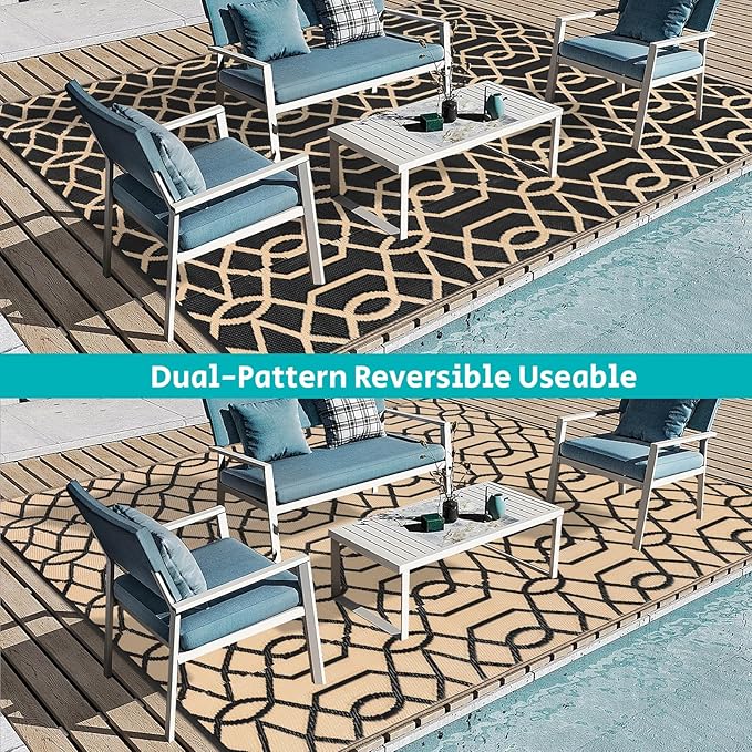 HEBE Outdoor Rug Waterproof 8x10, Reversible Plastic Straw Rug RV Camping Rug, Indoor Outdoor Patio Mat Clearance, Outside Carpet for Porch,Deck,Camper,Balcony,Backyard,Picnic