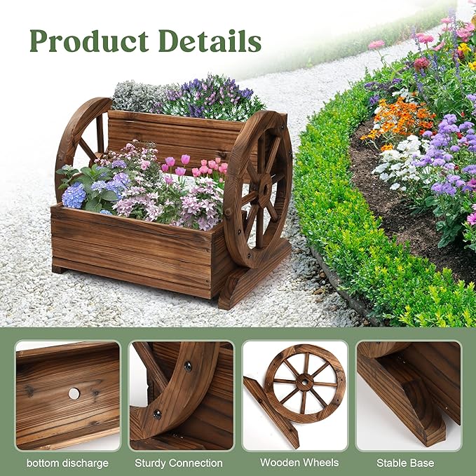 2PCS Wooden Wagon Planter Box, Garden Planter with Wheels,Decorative Flower Planter for Flowers Herbs Vegetables for Indoor & Outdoor Decor,Wooden Flower Cart for Patio Garden Balcony
