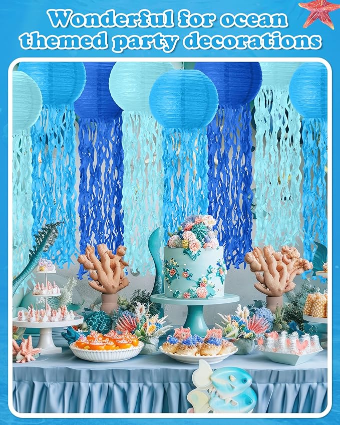 18 Pcs Jellyfish Paper Lanterns Mermaid Birthday Decorations Hanging Lantern Lamps for Ocean Theme Decor Under The Sea Party Supplies (Blue)