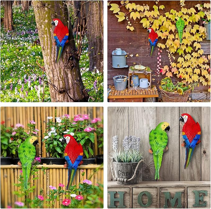 2 Pieces Parrot Decor Outdoor Tiki Bar Decorations Large Realistic Parrot Statues for Outside Lifelike Bird Sculptures Garden Patio Yard Lawn Figurines for Tropical Animal Tree Wall (Green, Red)