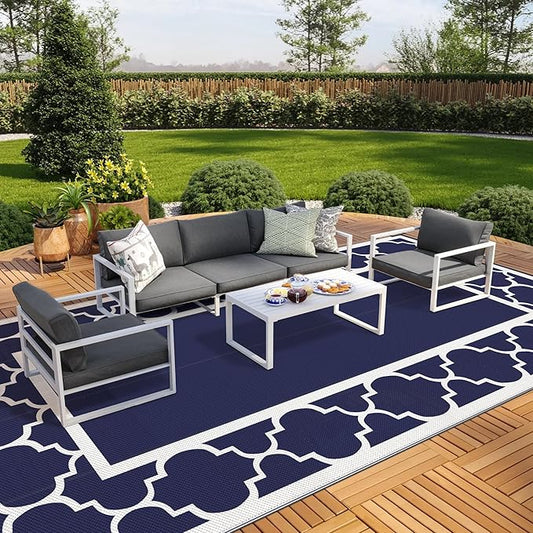 GENIMO 10 ' x 20 ' Outdoor Rug Waterproof for Patio Decor, Foldable Reversible Plastic Straw Area Rugs Mat for Camper, Outside Carpet for Rv, Deck, Porch, Picnic, Beach, Balcony, Blue & White