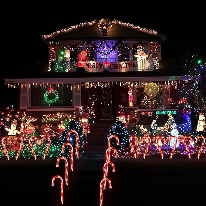 10" Christmas Candy Cane Lights - Set of 10 Pathway Markers Christmas Outdoor Yard Decorations, Xmas Candy Cane Stake Lights for Lawn, Walkway, Garden, Xmas Party Indoor Ornaments