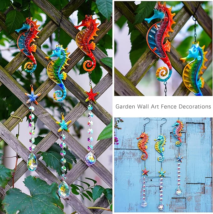 3PCS Metal Seahorse & Starfish Hanging Sun Catchers with Crystals, Colorful Crystal Prisms Stained Glass Suncatcher, Rainbow Maker Pendant Indoor Outdoor Patio Fence Decor
