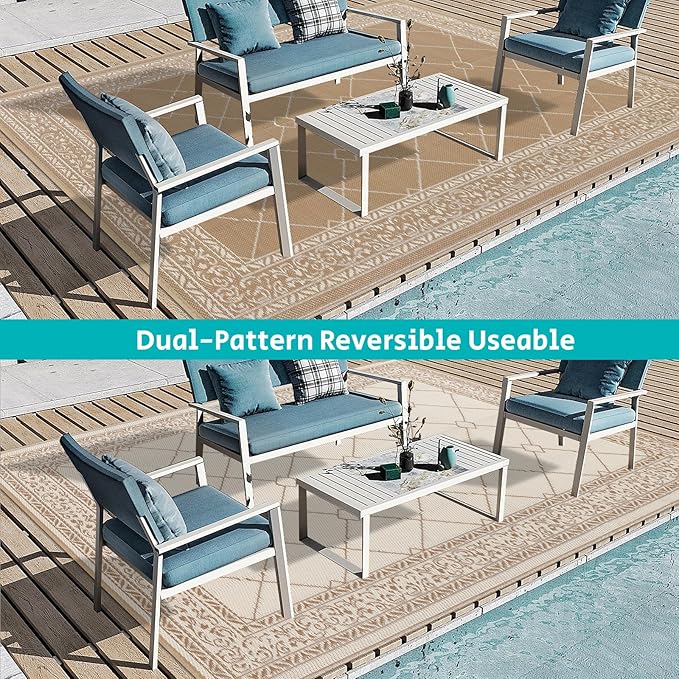 HEBE Outdoor Rug Waterproof 9x12, Reversible Plastic Straw Rug RV Camping Rug, Indoor Outdoor Patio Mat Clearance, Outside Carpet for Porch,Deck,Camper,Balcony,Backyard,Picnic