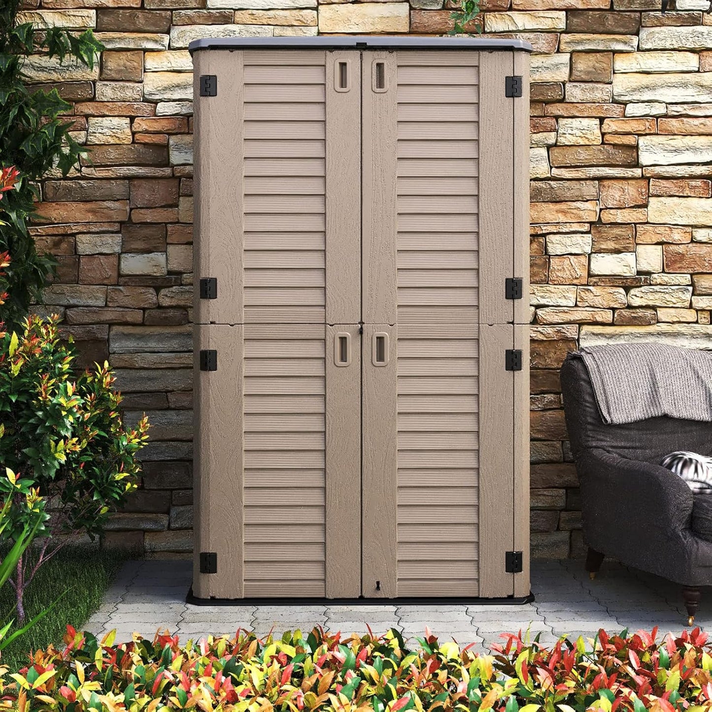 HOMSPARK Storage Shed Weather Resistance, Multi-Purpose Outdoor Storage Cabinet Waterproof, Outdoor Storage Cabinet for Garbage Cans, Lawnmower, Garden Accessories (Coffee, Tall shed-53 cu ft)