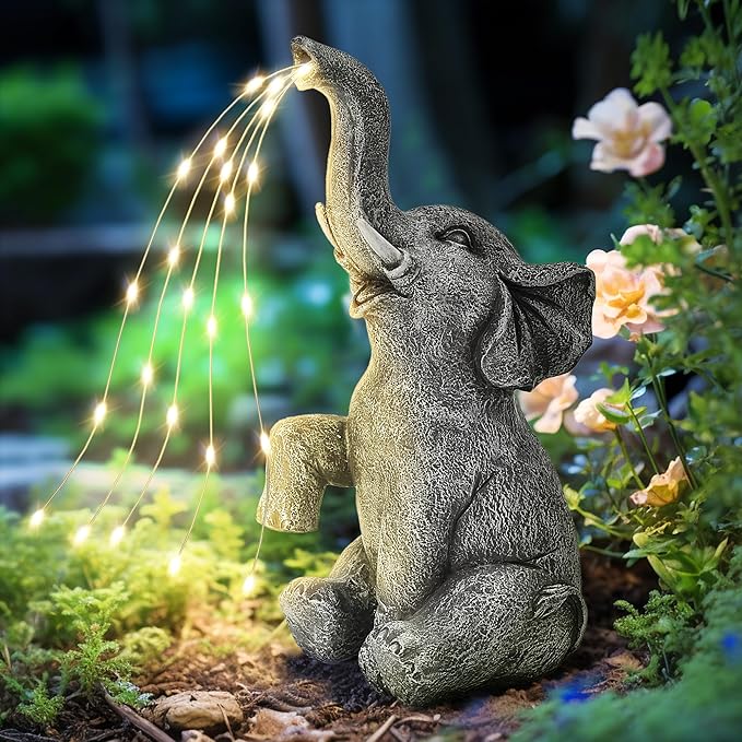 GIGALUMI Solar Garden Decor Watering Elephant Statues Outdoor, Birthday Gifts for Women Mom Grandma Senior Elder, Elephant Ornament for Balcony, Garden, Patio, Yard, Lawn (Constant Lights Only)