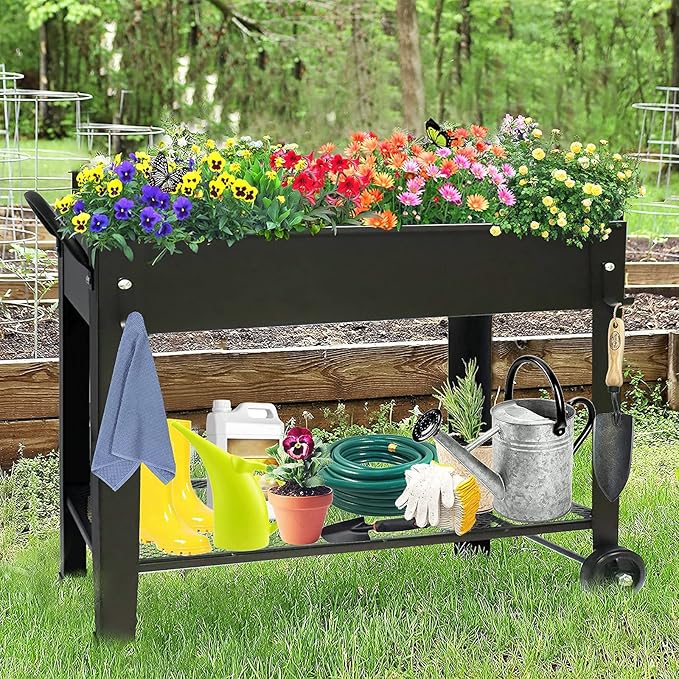 aboxoo Large Planter Raised Beds with Legs Outdoor Metal Planter Box on Wheels Elevated Garden Bed for Vegetables Flower Herb Patio (40" L x 11" W x 31.5" H)