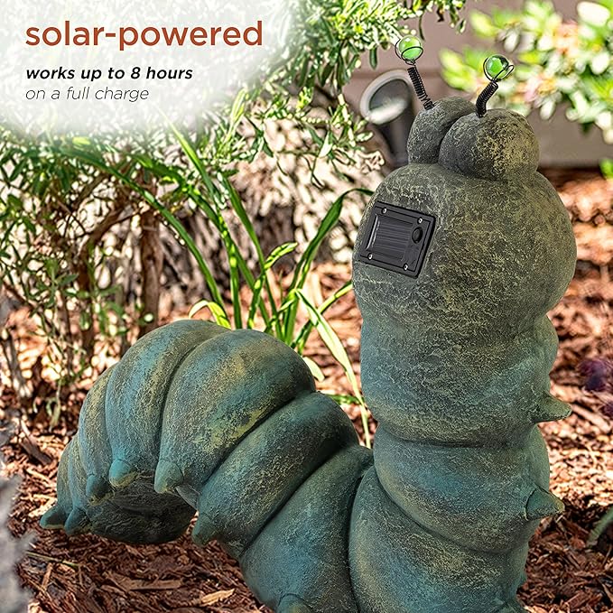 Alpine Corporation FCC121SLR Outdoor Solar Powered Garden Caterpillar Statue with LED Lights, LED Solar Garden Décor, 16"
