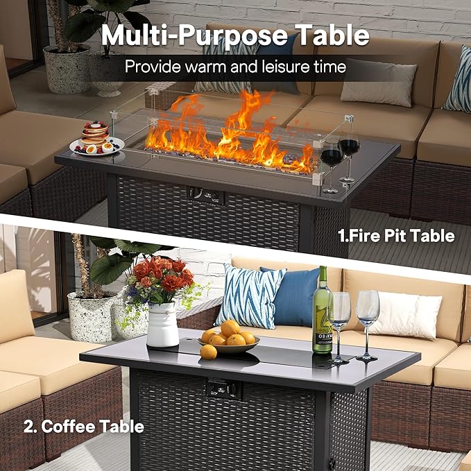 5 Piece Patio Furniture Set with 43" Propane Fire Pit Table, Outdoor Wicker Conversation Set, Rattan Modern Sectional Sofa Couch with Coffee Table for Backyard Porch Garden Poolside, Black-Grey