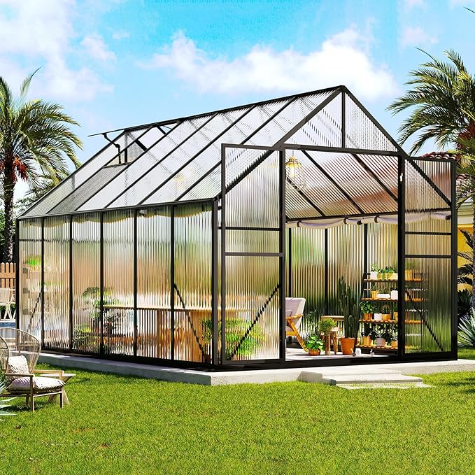 Amerlife 8x11.5x7 FT Polycarbonate Greenhouse for Outdoors, Walk-in Design with Aluminum Frame, 2 Windows and Swing Door, Heavy-Duty Greenhouse Construction for Garden, Black