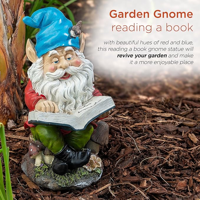 Alpine Corporation 14" Tall Outdoor Garden Gnome Reading a Book Yard Statue Decoration