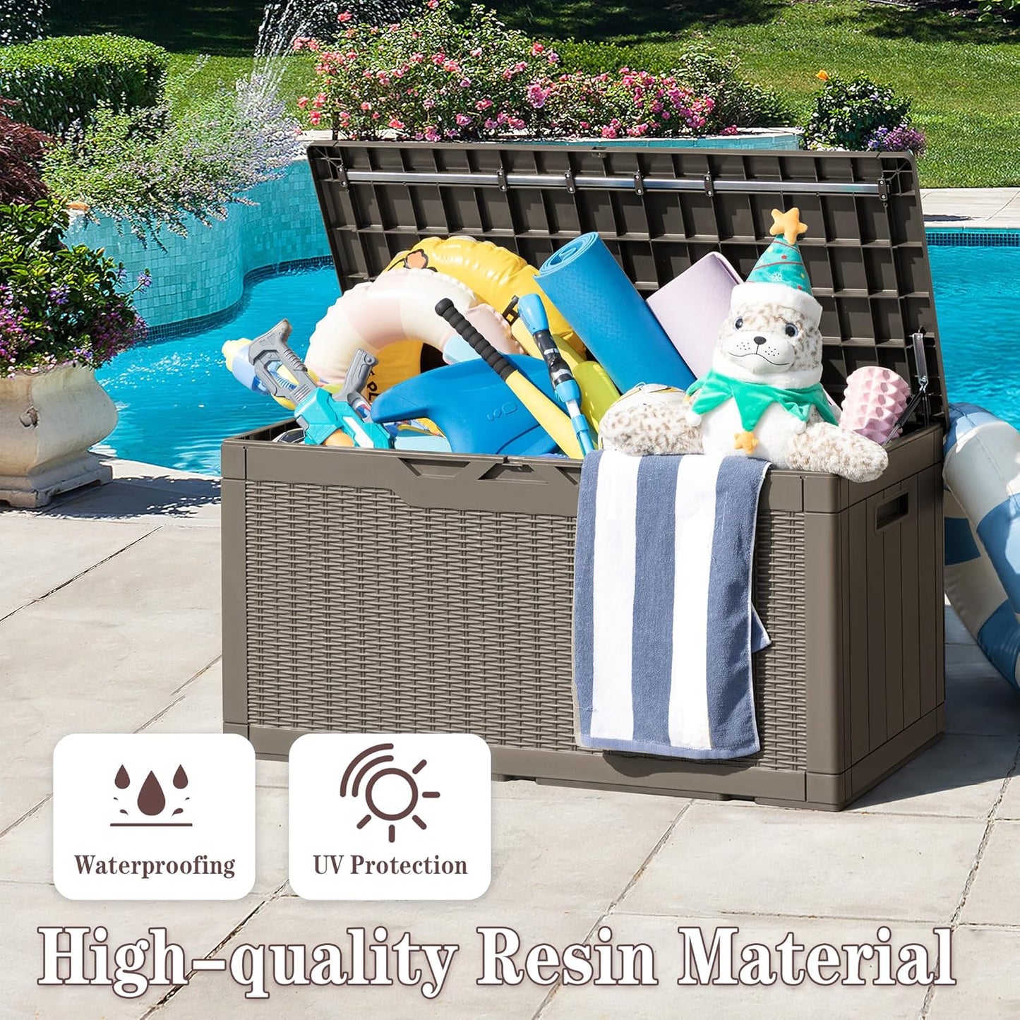 Greesum 100 Gallon Resin Deck Box Large Outdoor Storage Boxes with Cushions for Garden Tools, Patio Furniture Pillows, Pool Supplies, Light Coffee