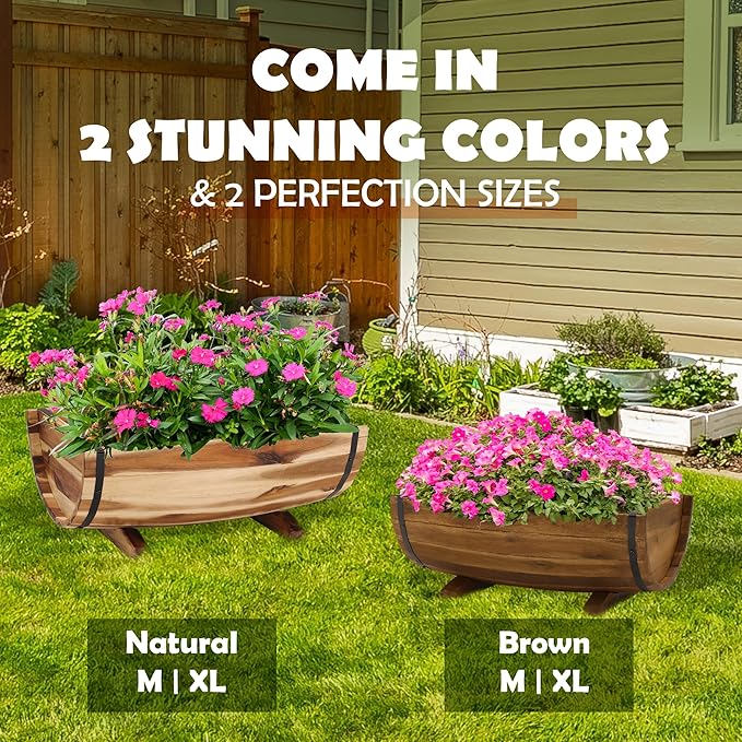 IDZO Solid Acacia Wood Half Barrel Planters Outdoor Set of 2 Different Sizes, Wooden Planters for Outdoor Plants with Metal Bands & Drainage Holes, Legs Included, Natural