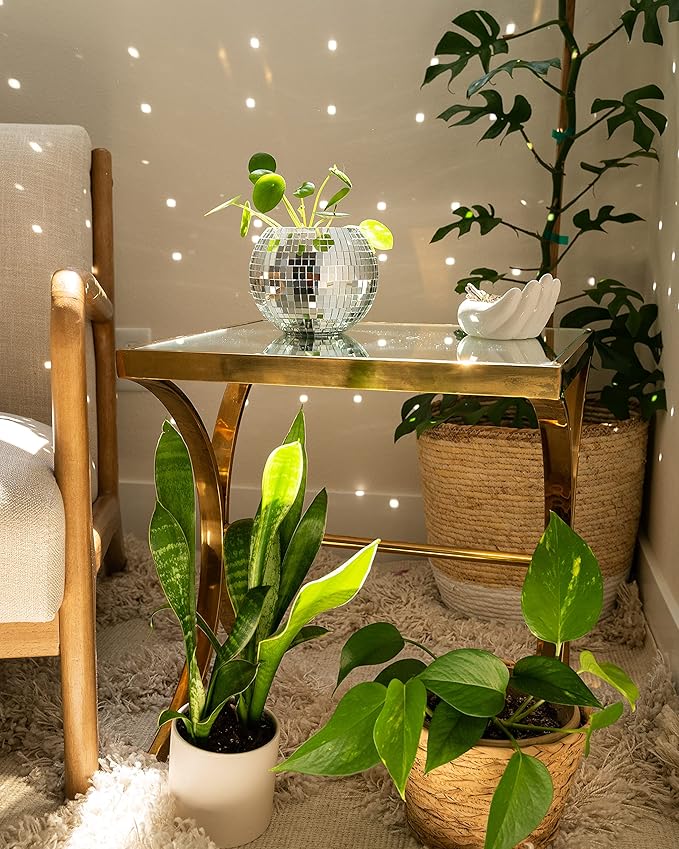 Hanging Disco Ball Planter 8" - with Acrylic Stand and Macrame Plant Hanger - Home Décor, Room Décor, Mirror Disco Planter, Disco Decor (6" with White Hanger, Flat Base)