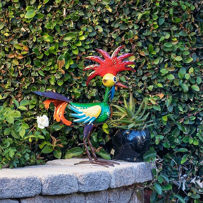 Alpine Corporation - 18" Tall Wacky Metal Rooster Yard Statue – Colorful Indoor/Outdoor Farm Animal Décor for Garden, Patio, Lawn, or Porch