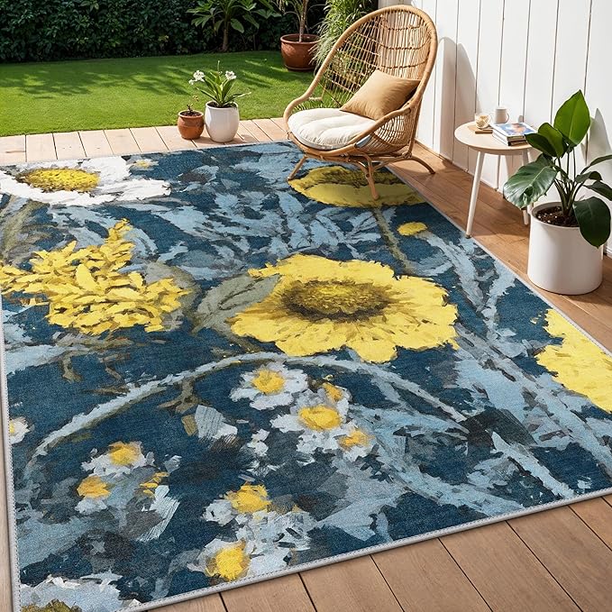 GENIMO Indoor Outdoor Area Rug 8' X 10' Waterproof, Washable Patio Rug Non Shedding, Easy Cleaning Floral Outdoor Carpet for Living Room, Bedroom, Dining Room, Balcony, Deck, RV, Backyard, Blue Yellow