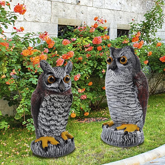 Hausse 2 Pack Fake Owl Decoy Bird Scarecrow Sculpture, Plastic Horned Owl Bird Deterrents with Yellow Claws, Garden Protectors, Large Nature Enemy Pest Repellent for Outdoor Garden Yard