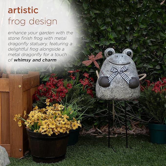Alpine Corporation MCC862 Indoor/Outdoor Frog with Dragonfly Garden Statue, Stone Finish Frog Statue for Yard, 24" H, Silver