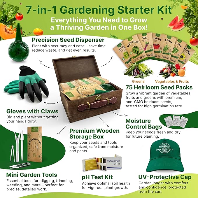 75 Vegetable & Greens Seeds Variety Pack, Garden Seed Starter Kit - Over 44,700 Non-GMO Heirloom Seeds for Planting Vegetables and Greens, Seeds Gift Seed Box with Gardening Supplies, Survival Kit