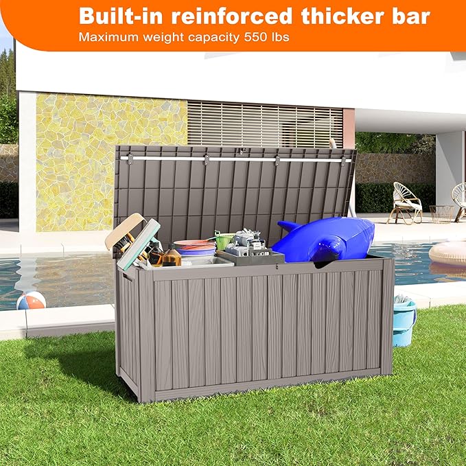 150 Gallon Resin Deck Box, Lockable Patio Outdoor Storage Box for Furniture, Garden Tools and Tools Storage, Waterproof Outside Storage Boxes - Grey