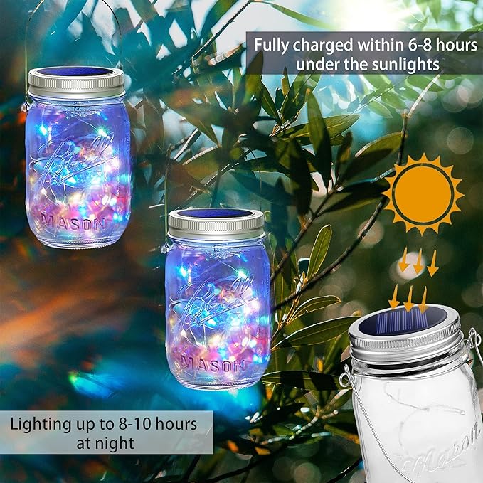 30 LED 10 Packs Mason Jar Lights with Hangers Colorful Solar Mason Jar Lids Fairy String Light Outdoor for Patio Yard Garden Decor Christmas Wedding Party Lights (NO Jars)