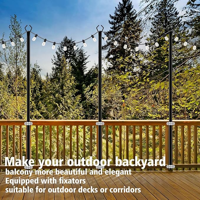 10Ft String Light Poles 6 Pack,Light Poles for Outside Lights,Outdoor with Fence Brackets Hanging Lights,Metal Stand Deck Patio Backyard