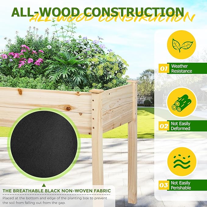 4 Feet Outdoor Wooden Raised Garden Bed Planter Box Kit for Vegetable and Fruit Growing, Patio or Balcony Gardening, Natural