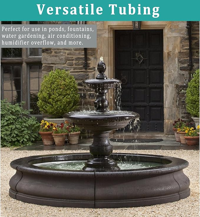 1/2" id - 50ft Black Vinyl Tubing Flexible PVC Tube Hybrid Hose Transfer Water Fuel Gas for Pond Fountain Garden Waterfall, Durable and Safe, with 2 Hose Clamps