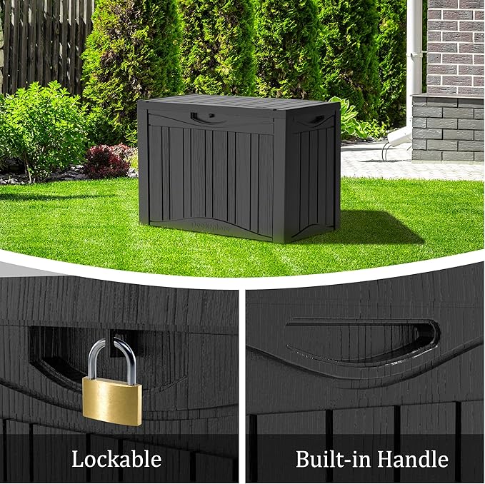 50 Gallon Plus Outdoor Storage Box, Waterproof Resin Deck Box for Patio, Pool, and Garden, Lockable Bin for Cushions, Tools, and Accessories, UV-Resistant, Black