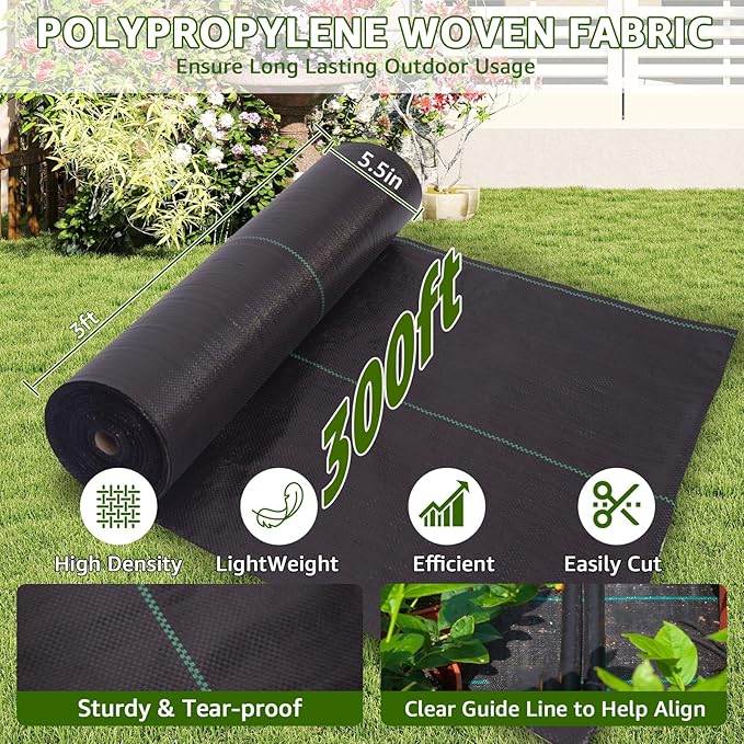 Heavy Duty Weed Barrier, 3.2oz Black Weed Blocker Fabric, Garden Fabric Weed Barrier, Weed Control Fabric Ground Cover, Landscape Fabric for Road, Gardening Mat (3FT*300FT)