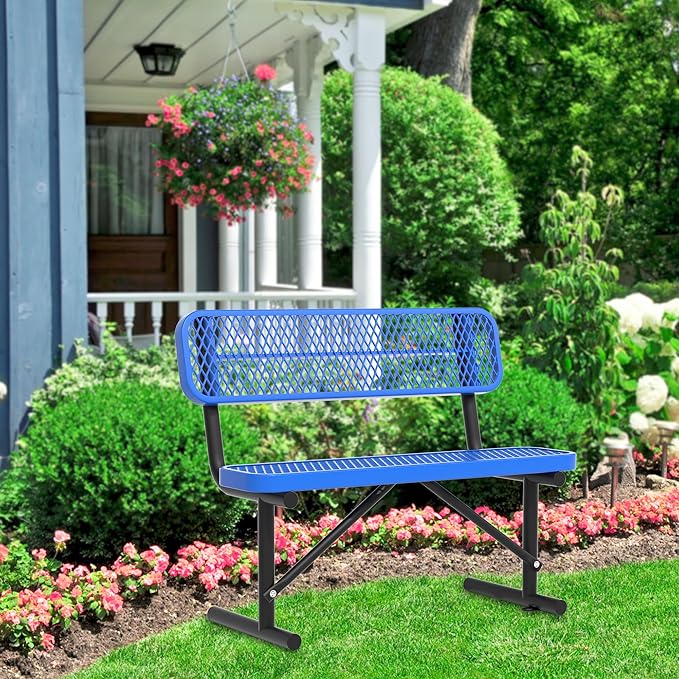 Heavy Duty Park Bench with Back Portable Frame, Outdoor Steel Bench with Backrest, Outdoor Park Bench Expanded Metal Mesh Bench for Lawn, Park, Deck, Garden, Patio, Porch, Black (Blue, 4FT)