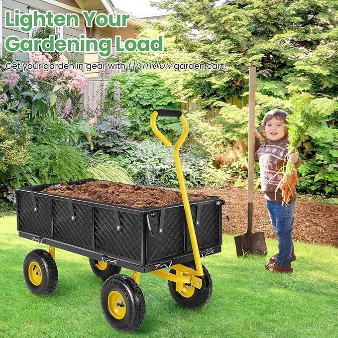 Homdox MAX 880 Lbs Garden Cart, Heavy Duty Foldable Mesh Steel Garden Wagon with 180° Rotating Handle and 10 Inch Tires, Pullable Yard Cart for Yard Garden Beach Farm, Yellow with Bag