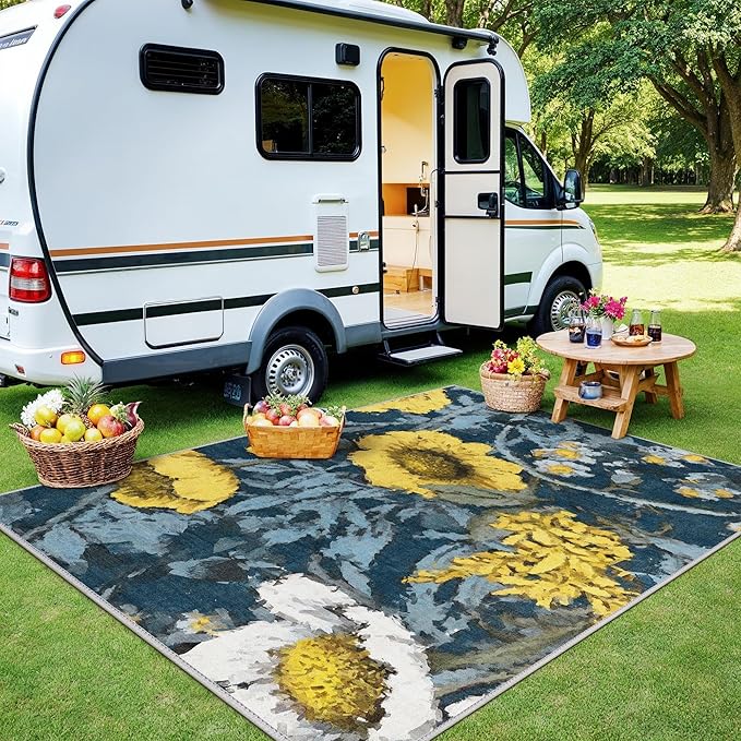 GENIMO Indoor Outdoor Area Rug 8' X 10' Waterproof, Washable Patio Rug Non Shedding, Easy Cleaning Floral Outdoor Carpet for Living Room, Bedroom, Dining Room, Balcony, Deck, RV, Backyard, Blue Yellow
