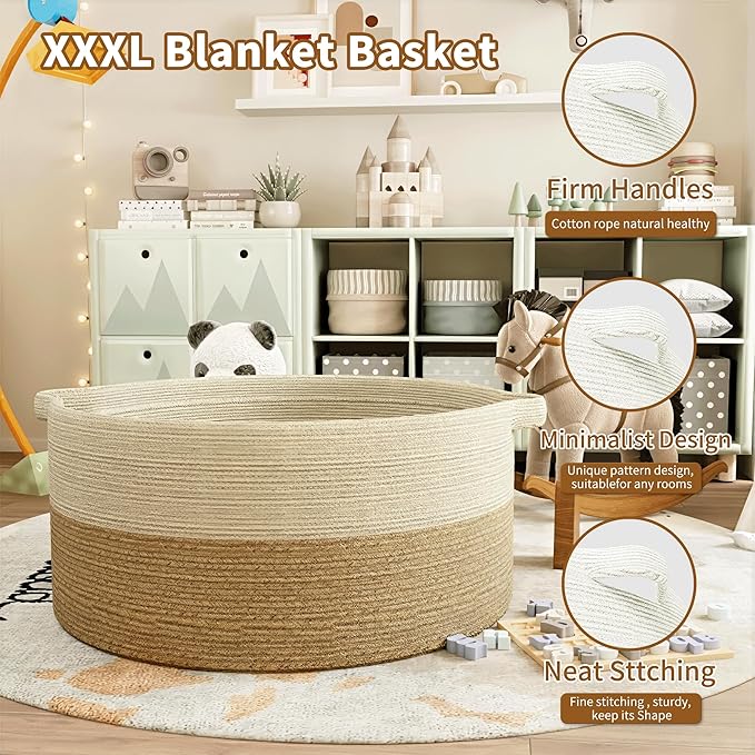 125L Extra Large Blanket Basket, 25" x 16", Jumbo Laundry Woven Baskets Decorative Home, Cotton Rope Basket with Handles, Baby Toy Baskets for Storage, White & Brown