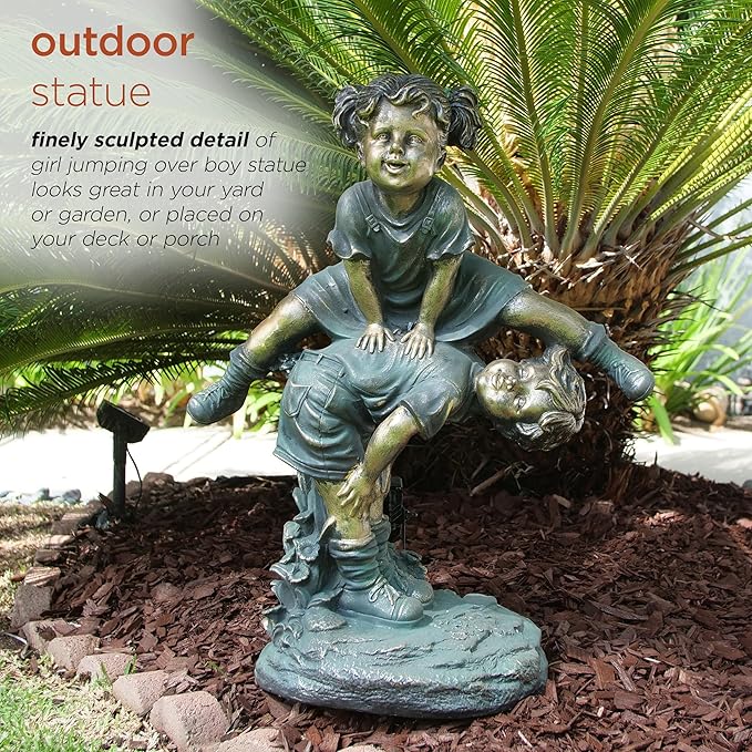 Alpine Corporation 26" Tall Indoor/Outdoor Girl Jumping Over Boy Statue Yard Art Decoration