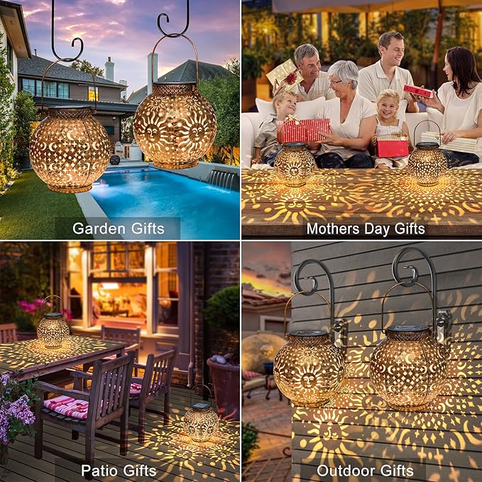 Go2garden Outdoor Solar Lanterns Waterproof Garden Gifts Women Yard Decorations Metal Moon Sun Hanging Solar Lights for Patio, Balcony, Tabletop,Birthday Mothers Day Gifts for Mom (Bronze,2Pack)