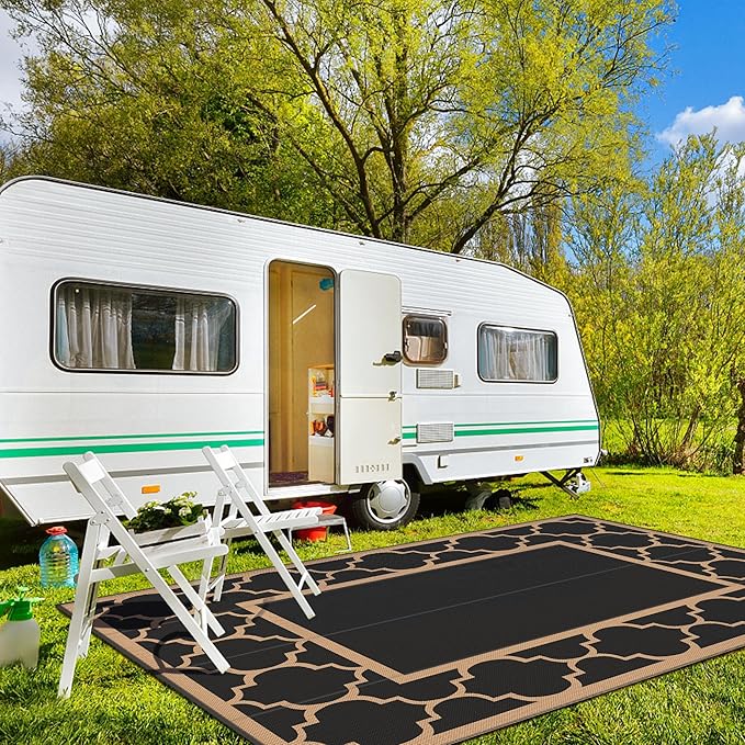 GENIMO 10 ' x 14 ' Outdoor Rug Waterproof for Patio Decor, Foldable Reversible Plastic Straw Area Rugs Mat for Camper, Outside Carpet for Rv, Deck, Porch, Picnic, Beach, Balcony, Black & Brown
