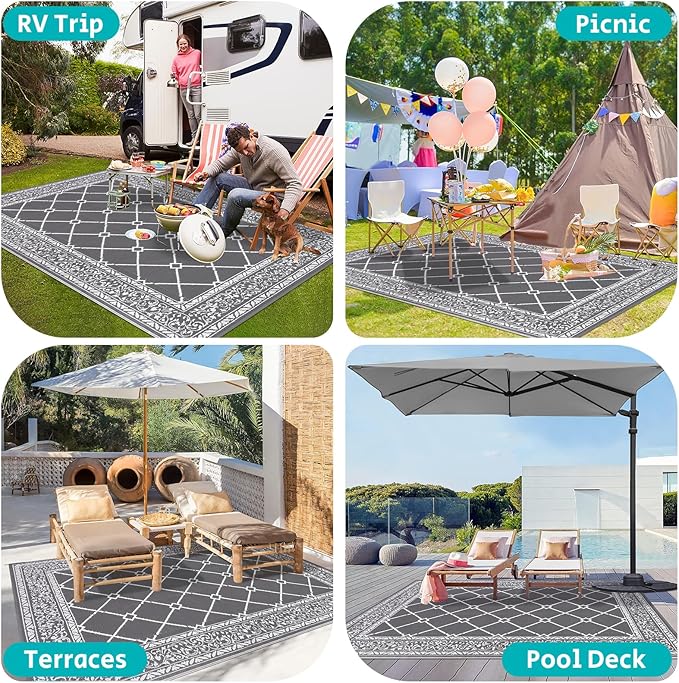 HEBE Outdoor Rug Waterproof 8x10, Reversible Plastic Straw Rug RV Camping Rug, Indoor Outdoor Patio Mat Clearance, Outside Carpet for Porch,Deck,Camper,Balcony,Backyard,Picnic