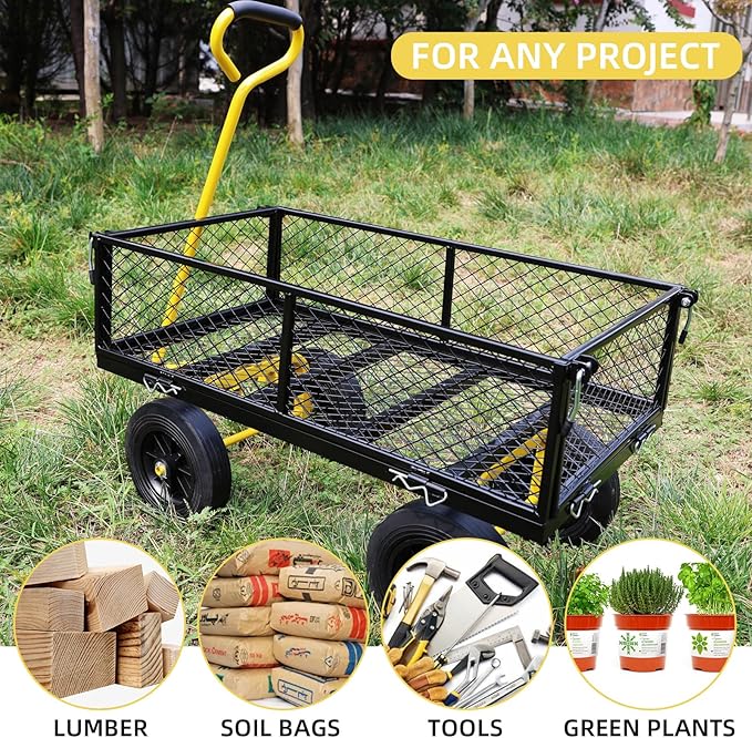 Heavy Duty 480 Lbs Capacity Mesh Steel Garden Cart Folding Utility Wagon with Removable Sides (Black+Yellow)
