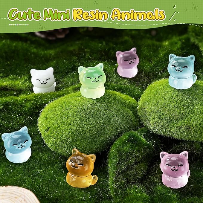 60Pcs Mini Cat Figurines Luminous Miniature Cute Resin Animals Glow in The Dark Tiny Cat to Hide Landscape Decoration Resin Figures DIY Accessories Ornament Craft Party Cake Topper